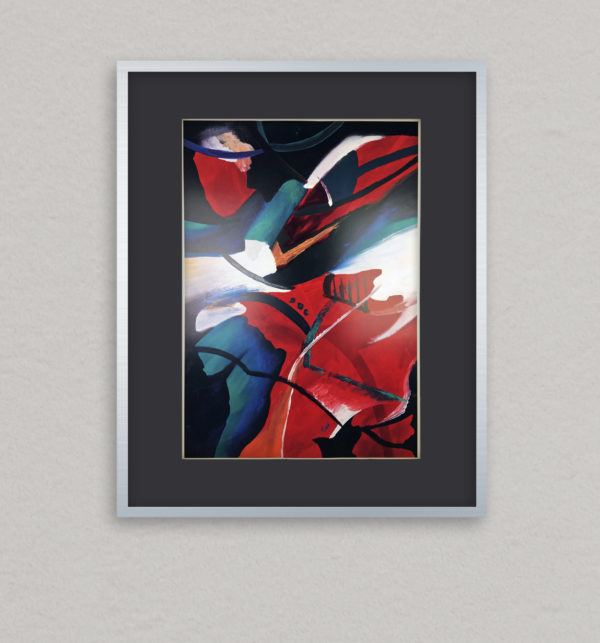 "Challenges" - Giclée Art Print by Mayer. A dynamic blend of red, green, black, and white. Perfect for adding energy and intrigue to any space.