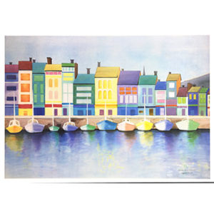 An image of "Honfleur Harbor in Harmony" by Elizabeth Horowitz. A watercolor painting of pastel-painted buildings along the Normandy coast, with vibrant colors and reflective harbor waters.