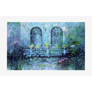 "Villa on the Lake" by Giuseppe Giorgi - an exquisite landscape painting with a serene garden and a tranquil lake.