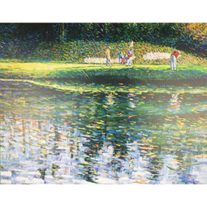 A picturesque golf course painting with vibrant colors and serene water features, perfect for art enthusiasts and golf lovers.