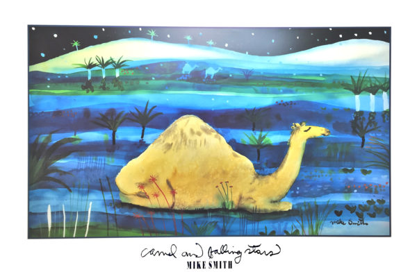 Camel and Falling Stars art by Mike Smith: A mesmerizing impressionistic painting depicting a camel in a desert landscape under a starry night sky.