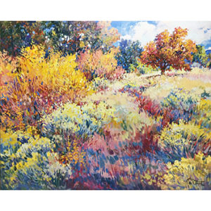 An image of 'Autumn Wildflowers.' The artwork showcases a garden landscape with vibrant orange plants and wildflowers, signaling the arrival of autumn.