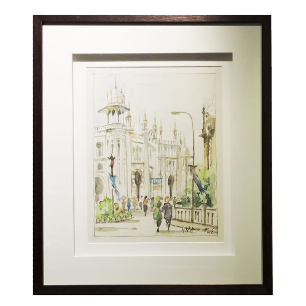 Watercolor painting of Kuala Lumpur railway station by Malaysian artist Jiang Se Wen.