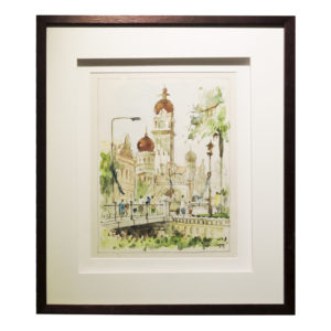 A watercolor painting of the Sultan Abdul Samad Building, KL by Malaysian artist Jiang Se Wen, measuring 56cm x 49cm.