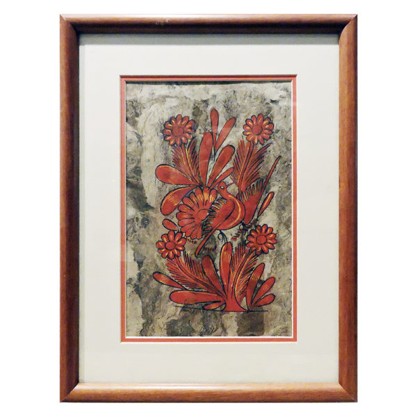 Watercolor painting of crimson foliage, featuring red leaves and flowers against a muted grey background.