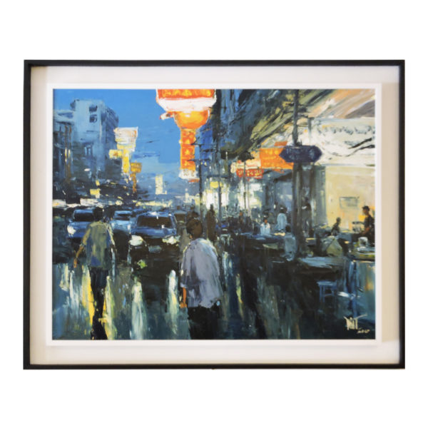 Acrylic painting of Bangkok's Chinatown at night, featuring colorful street stalls and buildings. Created by artist DUSIT on high-quality canvas.