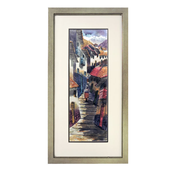 Watercolor painting of an alleyway in Peru, featuring red and orange roofs on buildings, size 35cm x 68cm.