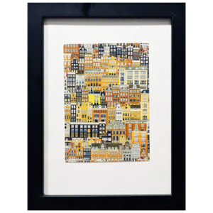 Marker art of Amsterdam featuring colorful houses and charming streets in shades of orange, yellow, black, and white.