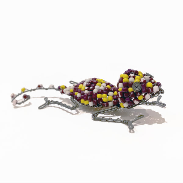 Bead and Wire Sculpture of a Gecko: Vibrant purple and yellow beads form an exquisite gecko sculpture.