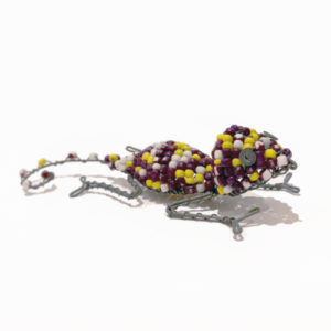 Bead and Wire Sculpture of a Gecko: Vibrant purple and yellow beads form an exquisite gecko sculpture.