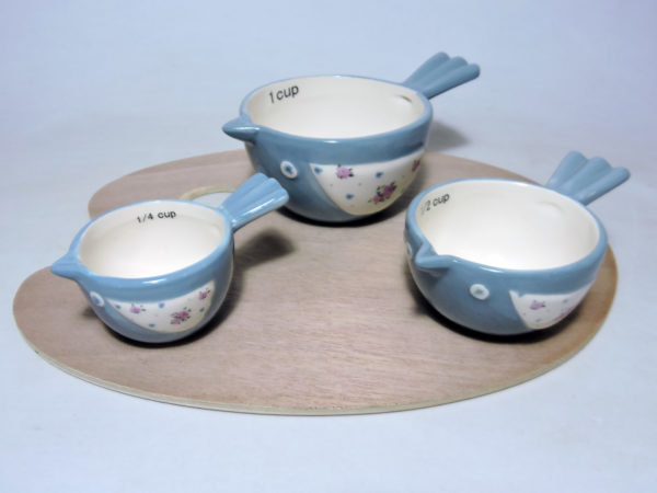 Ceramic Bird Measuring Cups - Set of 3, bird-shaped design with blue glazing and hand-painted floral accents.