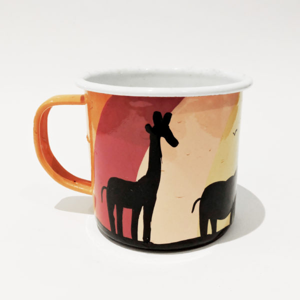 Handpainted African Art Mug with giraffe and elephant silhouettes against a sunset backdrop.