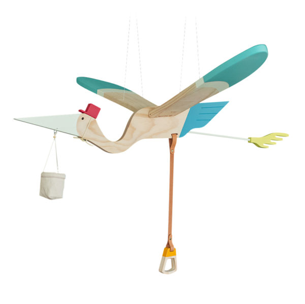 Mobile Toy Pelican - Handmade wooden toy with flapping blue wings, designed by Kentaro Eguchi for interactive play.