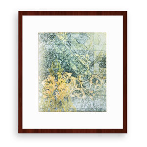 Abstract art print with jade green hues, yellow splashes, and patterns.