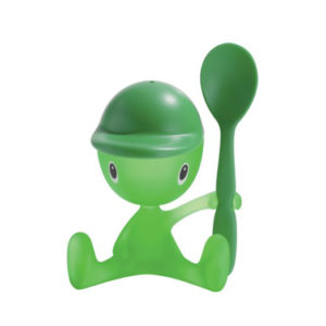 Alessi Cico Egg cup - a green egg cup in the shape of a cartoon-like figure with eyes, arms and legs, wearing a hat that doubles as a salt shaker.