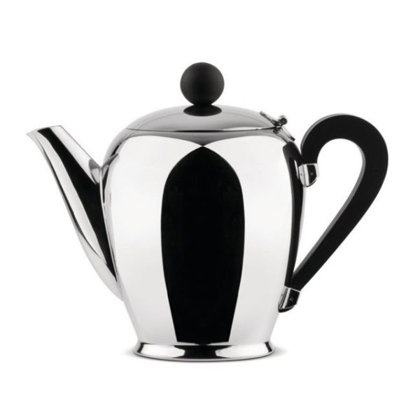 Silver Alessi Bombe Coffee Pot with Black Handle and Spout, made of high-quality stainless steel with a sleek design.