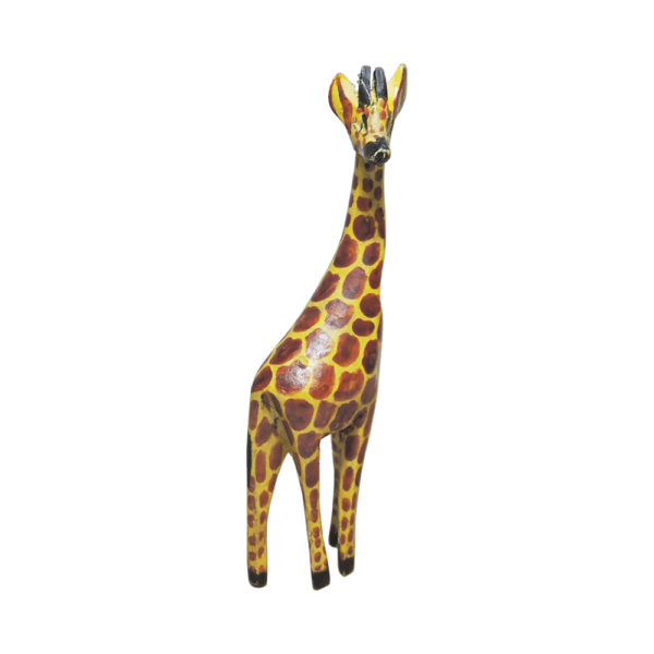 Handcrafted African wood giraffe statue made from olive wood, featuring intricate details and rich colors.