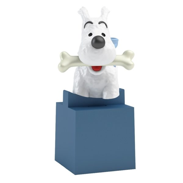 Snowy with a Blue Ribbon collectible figurine from Tintin in Tibet - Hand-painted polyresin figurine of Snowy holding a bone in his mouth, standing on a blue box with a blue ribbon.